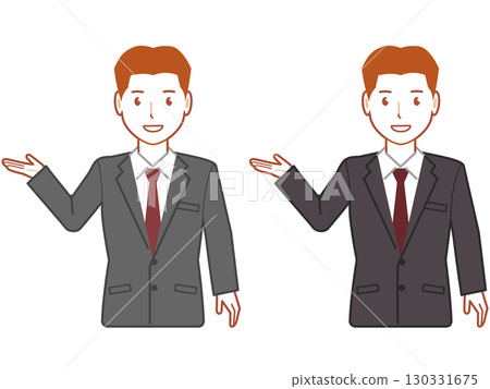 A young man in a gray suit with a very short haircut points out 130331675