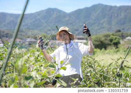 田裡收割蔬菜的婦女。圖片為農民或農業工人。特寫:一位面帶微笑的婦女正看著鏡頭。 田裡收割蔬菜的婦女。圖片為農民或農業工人。特寫:一位面帶微笑的婦女正看著鏡頭。 130331739