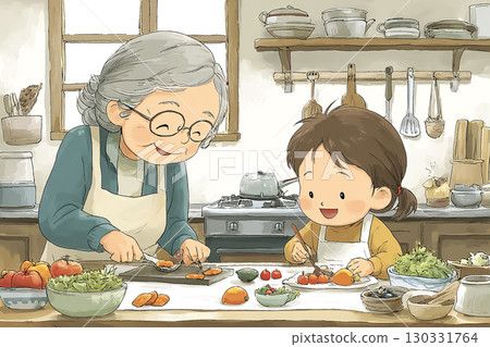An elderly woman and her grandchild enjoying the flavors of autumn An elderly woman and her grandchild enjoying the flavors of autumn 130331764