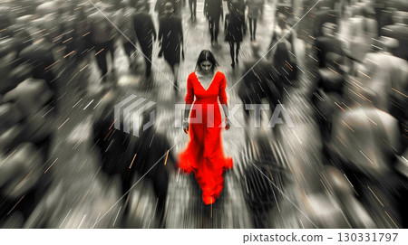 Woman in red dress walking through blurred crowd symbolizing individuality confidence and focus 130331797