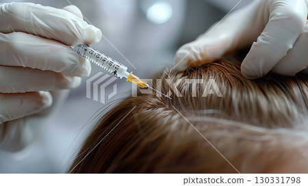 Trichologist performing hair treatment injection with syringe into scalp for medical therapy and care 130331798