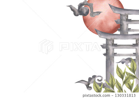 Japanese traditional gate torii with red sun and green tea leaves watercolor banner. Hand drawn oriental cultural template,asian style clipart for travel poster, invitation,east cuisine menu design Japanese traditional gate torii with red sun and green tea leaves watercolor banner. Hand drawn oriental cultural template,asian style clipart for travel poster, invitation,east cuisine menu design 130331813