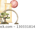Oriental cultural watercolor banner with symbols of Japan: bonsai tree,round gate,paper scroll and red sun. Hand drawn frame for travel poster,tea ceremony invitation,east restaurant card design 130331814