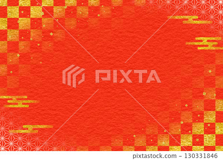 Japanese pattern: red and gold leaf, checkered pattern and hemp leaf 130331846