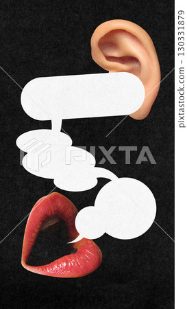 Creative digital artwork. Lips and ear connected by chain of speech bubbles with copy space 130331879