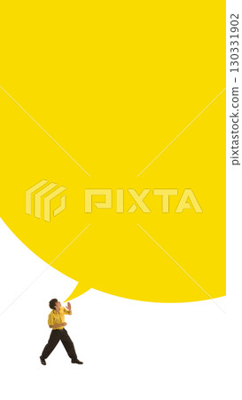 Graphic composition. Man shouting into giant yellow speech bubble with copy space Graphic composition. Man shouting into giant yellow speech bubble with copy space 130331902