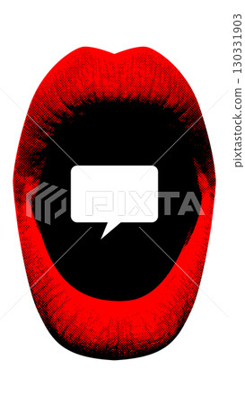 Trendy artwork. Red lips with black center containing speech bubble and copy space for bold communication 130331903