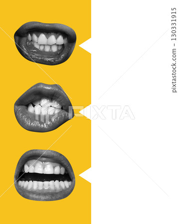 Bold composition. Black and white lips on yellow background with speech bubbles and copy space for dialogue Bold composition. Black and white lips on yellow background with speech bubbles and copy space for dialogue 130331915