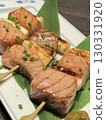 Savory grilled meat and green onion skewers 130331920