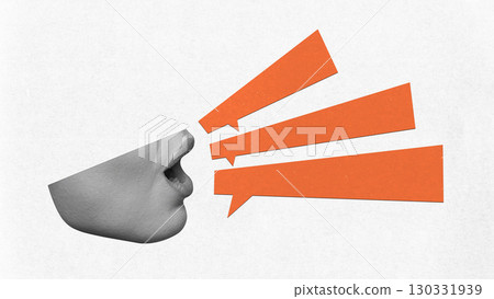 Creative collage. Human mouth with orange speech shapes and bold copy space symbolizing strong voice Creative collage. Human mouth with orange speech shapes and bold copy space symbolizing strong voice 130331939