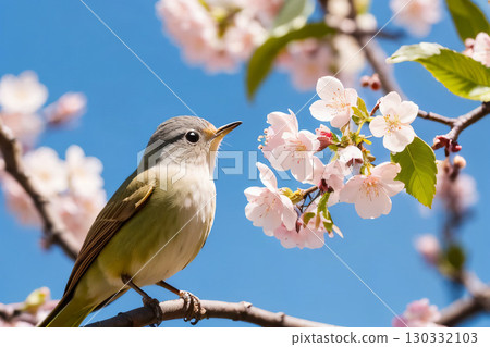 盛開的櫻花，一隻日本鶯棲息在樹枝上 130332103