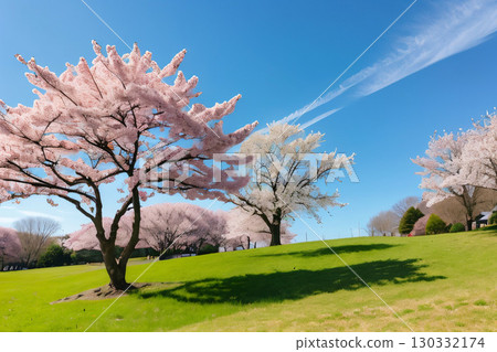 Cherry trees in full bloom on the meadow 130332174