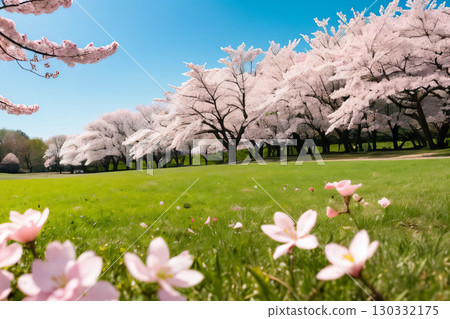 Cherry trees in full bloom on the meadow Cherry trees in full bloom on the meadow 130332175
