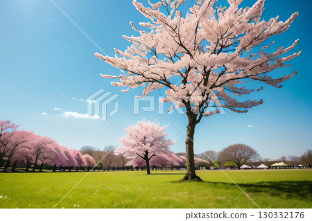 Cherry trees in full bloom on the meadow 130332176