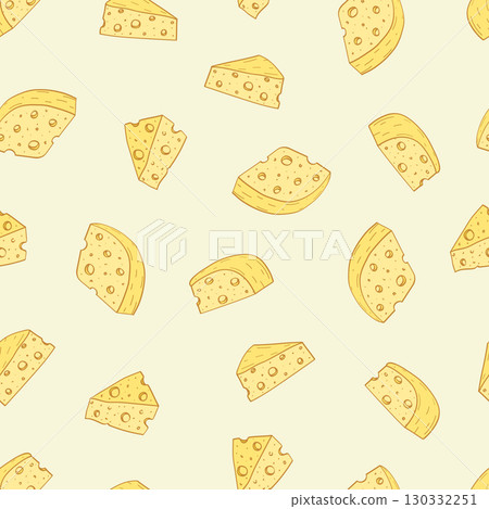 Cheese with holes vector background. Seamless pattern of yellow cheese pieces. The concept of dairy products. 130332251