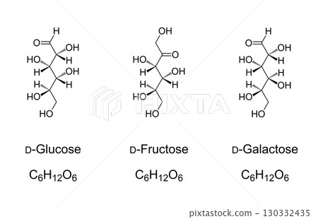 Glucose, fructose, and galactose, chemical formulas and molecular structures. The three most important sugar compounds in human metabolism. Monosaccharides. Natta projection of the D-configurations. 130332435