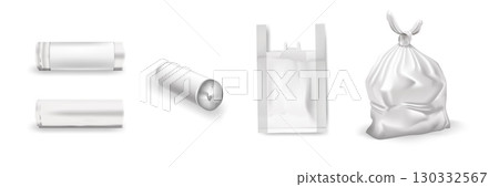 White plastic garbage bags collection. Realistic tied sack, shopping bag and rolled liners for household waste, cleaning, packaging or recycling. Isolated vector illustration 130332567