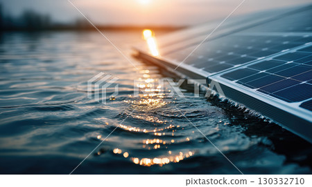Floating solar panels on water at sunset 130332710