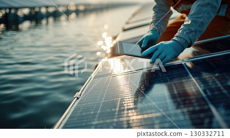 Technician inspecting floating solar panels with tablet 130332711