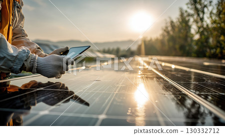 Technician inspecting solar panels with tablet at sunrise Technician inspecting solar panels with tablet at sunrise 130332712