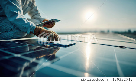 Technician inspects solar panels with tablet on sunny day Technician inspects solar panels with tablet on sunny day 130332713