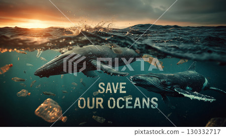 Whales swimming amid ocean pollution at sunset 130332717