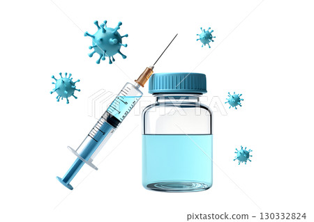 3d vaccine vial and syringe with needle, medical immunization concept isolated on transparent background 130332824