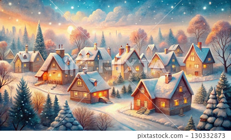 Whimsical Winter Village Watercolor Christmas Background  130332873