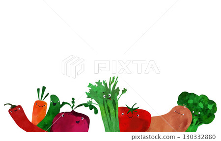 Watercolor illustration of happy vegetables with cute faces: pepper, carrot, cucumber, beet, celery, tomato, potato, broccoli. Border for children's books, educational materials, healthy eating poster 130332880