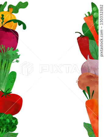 Vibrant watercolor border illustration of colorful vegetables: carrot, tomato, broccoli, pepper, beet, cucumber, onion. Perfect for children's books, educational materials, healthy eating posters 130332882