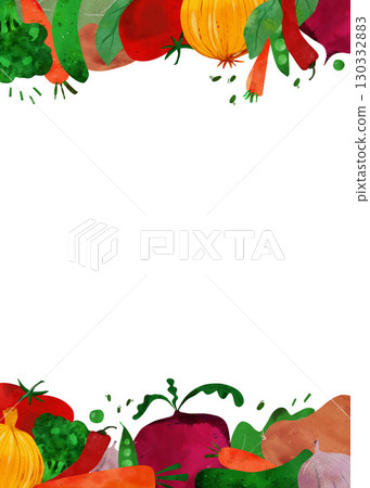 Vibrant watercolor border illustration of colorful vegetables: carrot, tomato, broccoli, pepper, beet, cucumber, onion. Perfect for children's books, educational materials, healthy eating posters 130332883