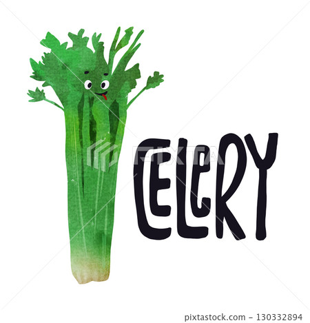 Adorable hand-drawn celery with a happy face, perfect for kids' books, educational tools, or playful kitchen decor. Fun, colorful child-friendly illustration with hand lettering 130332894