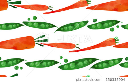 Whimsical watercolor pea pods, peas and carrots seamless border in kids' illustration style. For children's books, educational materials, healthy eating posters, nursery decor. Vibrant green design 130332904
