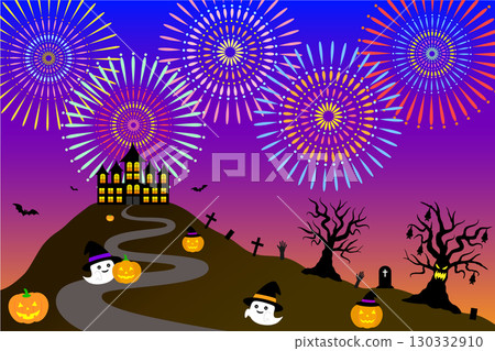 Fireworks on Halloween night. Background illustration of pumpkins, ghosts and a mansion 130332910