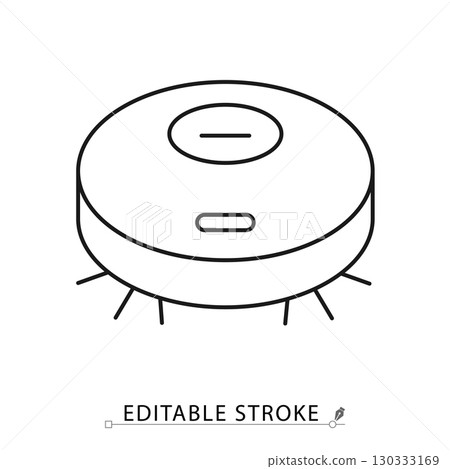 A robot vacuum icon in minimalist style with editable stroke. Cleaning device, smart appliance, household machine, modern technology, domestic utility, electronic equipment, interior element 130333169