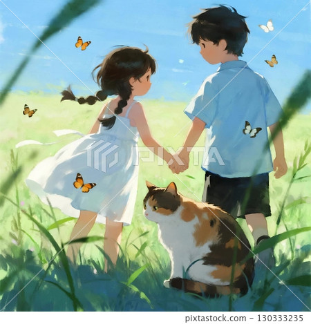Emotional illustration of a girl and boy standing in a meadow 130333235