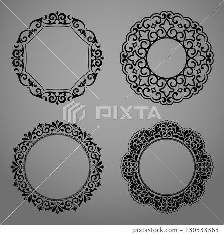 Set of decorative frames Elegant vector element for design in Eastern style, place for text. Floral black and gray borders. Lace illustration for invitations and greeting cards Set of decorative frames Elegant vector element for design in Eastern style, place for text. Floral black and gray borders. Lace illustration for invitations and greeting cards 130333363