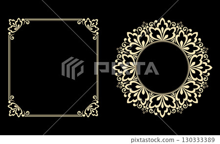 Set of decorative frames Elegant vector element for design in Eastern style, place for text. Floral black and golden borders. Lace illustration for invitations and greeting cards 130333389