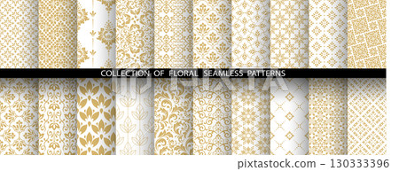 Geometric floral set of seamless patterns. Golden and white vector backgrounds. Damask graphic ornaments Geometric floral set of seamless patterns. Golden and white vector backgrounds. Damask graphic ornaments 130333396