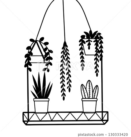 A minimalist black and white line art illustration of a wooden shelf with various potted houseplants 130333420