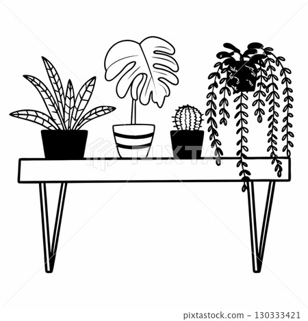A minimalist black and white line art illustration of a wooden shelf with various potted houseplants 130333421