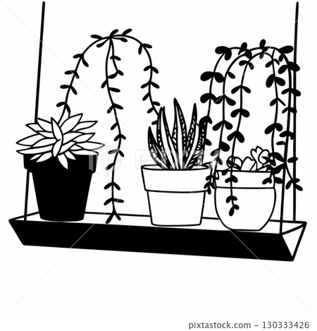 A minimalist black and white line art illustration of a wooden shelf with various potted houseplants 130333426