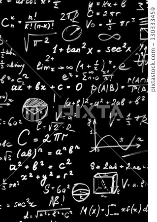 Complex Physics and Math Formulas on Black Blackboard 130333459