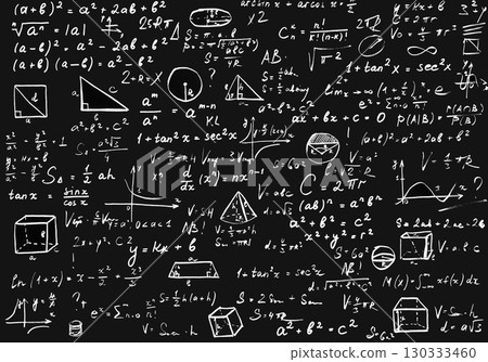 Complex Physics and Math Formulas on Black Blackboard Complex Physics and Math Formulas on Black Blackboard 130333460