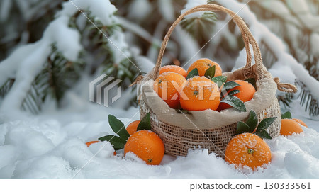 Basket of fresh oranges with green leaves in snow creating winter holiday atmosphere 130333561