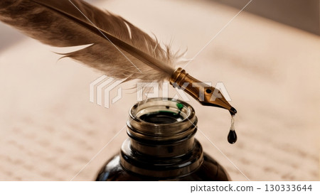 Feather Quill Detail, Delicate Structure, Writing Instrument, Timeless Elegance. Perfect for literature, historical themes, classic design Feather Quill Detail, Delicate Structure, Writing Instrument, Timeless Elegance. Perfect for literature, historical themes, classic design 130333644