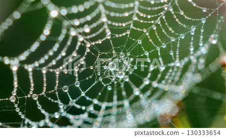 Spider Web Dew Drops, Delicate Engineering, Nature's Trap, Morning Sparkle. Ideal for nature, abstract patterns, intricate designs 130333654