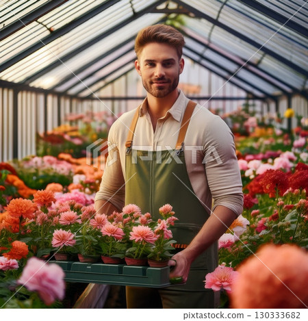 male florist working in a botanical garden male florist working in a botanical garden 130333682