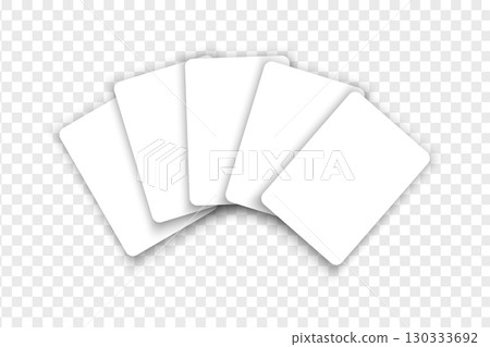 Empty white five poker card combination mockup isolated on transparent background. Blank playcards layout. Casino game concept. Vector realistic illustration 130333692