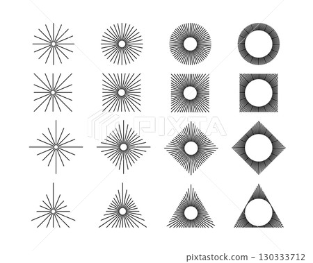 Straight radial lines in circular, square, rhombus and triangle shapes. Sun rays icons. Solar signs. Radiance, explosion or firework symbols isolated on white background. Vector graphic illustration 130333712